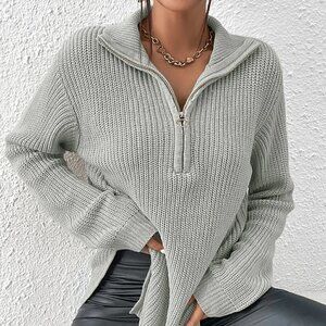 Casual Half Zip Split Hem Sweater Grey